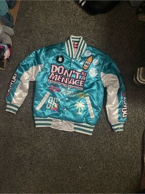 Teal Satin Graphic Bomber Jacket with White Panels